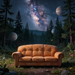 psychedelic, trippy, couch, pine forest, milky way, planets, sofa, cartoon by rob gonsalves