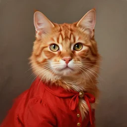 portrait of an orang tabby cat dressed in red, elegant, highly detailed, ray tracing, digital painting, artstation, concept art, smooth, sharp focus, illustration, art by artgerm and alphonse mucha, 8 k