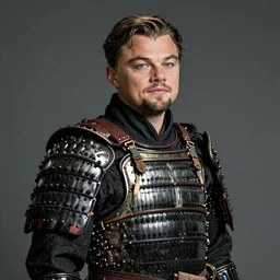 portrait of leonardo dicaprio in black samurai armoury, by jan van eyck