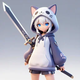 3 d character render, maya, girl with cat hoodie, white hair and blue eyes, holding a gigantic sword in the style of genshin impact by mihoyo, rossdraws, wlop.