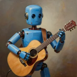 painting of a country bumpkin robot playing a guitar, bluegrass robot, style of peter mohrbacher, trending on artstation, epic, high detail, hyper realistic, 8 k