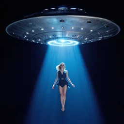 emma watson floating in a beam of blue light underneath a silver flying saucer at night,