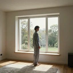 person in pyjamas standing near window, turned back to camera, cinematographic, sun rays, daylight, big french door window with windowsill, walls to the left and right, carpet at the floor, lighting style by rembrandt, furnished room, person at the center, wooden floor, modern, photorealistic, high ceiling