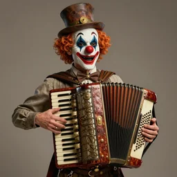 a peculiar man with an accordion where his neck should be, clown face, steampunk, 4K Unreal Engine render