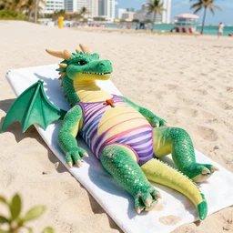 a dragon in a bathing suit sunbathing on a miami beach