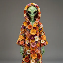 an alien wearing a robe made of flowers, by Omar Z. Robles, CANON Eos C300, ƒ1.8, 35mm, 8K, medium-format print