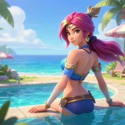 pool party Caitlyn (League of Legends) starting into the caribbean horizon . 3d octane render 4k