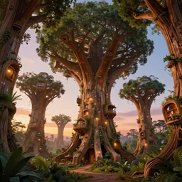 tree grows into giant wooden mecha building futuristic giant wooden tree trunk buildings, organic wooded self growing building, solarpunk, organic bioluminescent street lights, forest canopy understory, cinematic lighting, sunset, octane render, 3 d pixar disney digital cgi rtx hdr painting, highly detailed, artstation cgsociety masterpiece, by syd mead, greg rutkowski, wlop, art
