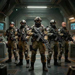 heavily armed guards standing alert in their space uniforms in their spaceship dock armory, cyberpunk, moody, luminescent, rule of thirds, fresh, golden ratio, ambient lighting, syd mead, greg rutkowski, wlop, artgerm, trending on artstation, highly detailed masterpiece