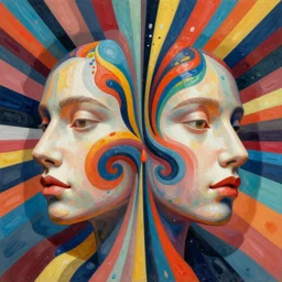 human face emerging from many - colored streams of color and paint, psychedelic, trippy, abstract, cubist, symmetric, mirrored, abstraction, fractal patterns, irridescent, vector art, hyper detailed, trending on artstation, luminescent, by wlop, by sachin teng, by alphonse mucha