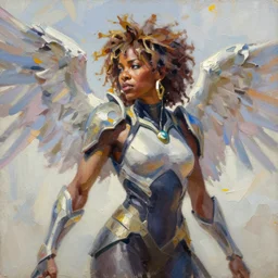 greg manchess portrait painting of sohpie turner as the battle angel alita as overwatch character, impasto, rough canvas textured, asymmetrical, profile image, organic painting, dynamic pose sunny day, loose brush strokes, hard edges, conceptart, art by gil elvgren and ruan jia and rob rey