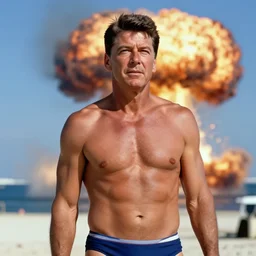 Ronald Reagan wearing a bikini, nuclear explosion in the background