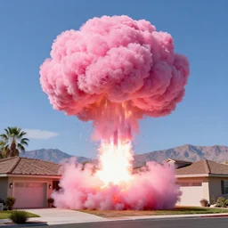 large thermonuclear explosion at a gender reveal party at a suburban Nevada house, a large pink mushroom cloud is visible on the horizon, partiers are playing in a pool with pink water