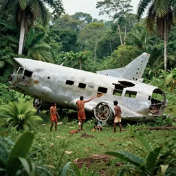 a vintage photograph of a tribe living in a crashed airplane in a dense jungle