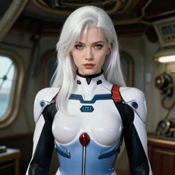 intense demeanor. close portrait. ship interior bg. screenshot of a scene in metroid zero of pretty beautiful woman painted by norman rockwell. character designed by hideaki anno. bodysuit. lustrous white hair. digital. lighting by james gurney. trending on artstation. masterpiece. artgerm mucha rutkowski.