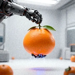 tangerine humanoid attached by a heavy, mechanical, industrial arm, clean room, scifi, lots of wires, electricity crackling, award winning digital art, octane render