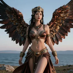 beautiful 3 d render of a sexy mongolian queen goddess in a sensual pose, spreading her wings, sexy face, atmospheric lighting, intricate, volumetric lighting, beautiful, rich deep colours masterpiece, sharp focus, ultra detailed, in the art style of bowater, charlie, brom, gerald, with lake baikal in the background, astrophotography