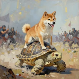 shiba inu riding a war tortoise into battle, abstract painting