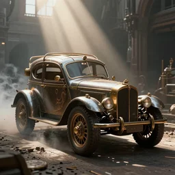 Steampunk car, 8K, from a distance, trending on artstation, 8K 3D, volumetric light, lightrays, smoke, cinematic, atmospheric, octane render, insanely detailed and intricate by jules verne