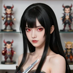 a hyper detailed shoulder portrait of black haired girl with red eyes, the queen of blades, sideshow figurines, diablo 4 lilith, by yusuke murata, by hiroya oku, by dorian cleavenger, by tom bagshaw, by zdzisław beksinski, trending on artstation