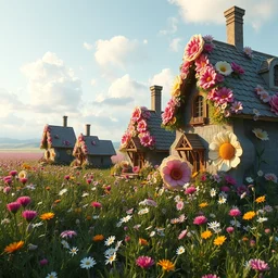 a hyper intricate 3 d artwork of a beatifull little houses made from big flowers in the serene field, intricate, highly detailed, digital painting, artstation, concept art, extremely detailed, sharp focus, octane render wide view, smooth, digital illustration, colorfull, by wlop, by hieronimus bosch
