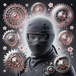 a headshot of a ninja!!!!!!, surrounded by fractals, mandalas, cherry blossoms, hadron collider technology, metal gears, swirling bioluminescent energy, art by peter mohrbacher and dan mumford, 8 k octane render, hyperrealistic, zbrush, cinema 4 d