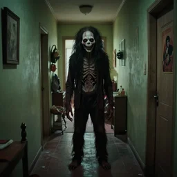 hyperrealistic cinestill of creepy smiling monster entity creature standing in lonely hallway, 1 9 9 0 interior bedroom decoration, designed by guillermo del toro, junji ito, gantz, fangoria, hideo kojima, colorized. scp historical archives. david lynchian atmosphere. deep aesthetics of weirdcore