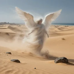 a swirling angelic figure shrouded in mist emerges from an extensive dune scape, windswept, sand, rocks, sparse vegetation, distant cityscape, distant ocean, contrejour lighting, high contrast, highly detailed, a matte painting by Peter Mohrbacher and Filip Hodas