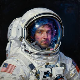 a neoclassicist paint of a ussr space cosmonaut, reflections of nebula in helmet. deep blue and pink tones, gloomy dark black background. highly detailed fantasy science fiction portrait painting by mikhail vrubel and chris cunningham. rich colors, high contrast.
