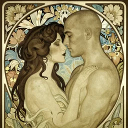 a couple in love. she has dark wavy hair. he is bald. in the style of art nouveau. floral. hyper detailed. intricate. beautiful.