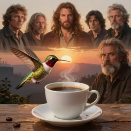 portrait of morning coffee, epic sunrise, a hummingbird hovering around a fresh cup of coffee by peter mohrbacher, allen williams, wayne barlowe, boris vallejo, aaron horkey, gaston bussiere,