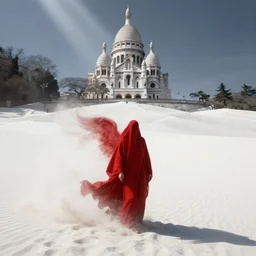 one lone singular swirling otherworldly angelic figure shrouded in red robes emerges from extensive barren white dunescape, matte painting by peter mohrbacher and filip hodas, background basilica! sacre coeur, godrays, high contrast, highly detailed, a matte painting by peter mohrbacher and filip hodas and emek golan, unreal engine, 8 k hdr