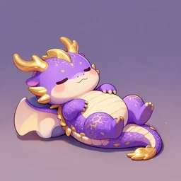 A tiny cute purple and gold dragon lays down on its back, cute dragon relaxing, digital art, artstation