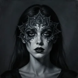dramatic matte portrait painting of woman with black mandelbrot fractal instead of face, in style of zdzisław beksinski, horror, body horror, dark, disturbing,
