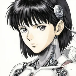 beautiful and ultradetailed female cyborg painted in miyazaki color style drawn by tsutomu nihei, high detail, intricate linework, sharp, ghost in the shell, smooth face, china doll face, high detail, manga and anime