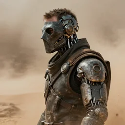 a half - masked rugged mercenary man with cybernetic enhancements lost in a sandstorm, scifi character portrait by greg rutkowski, esuthio, craig mullins, 1 / 4 headshot, cinematic lighting, dystopian scifi gear, gloomy, profile picture, mechanical, half robot, implants, steampunk