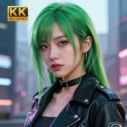 young Asian Cyberpunk woman with green hair, Close up portrait, wearing a leather jacket, hyperdetailed, artstation, cgsociety, 8k, city background