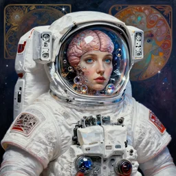 realistic extremely detailed  photo style portrait painting of a complete astronaut suit with exposed diamond 3d fractal lace iridescent bubble 3d skin clear brain , retro futuristic ,water , style hybrid mix of beeple,Anton Pieck, Amano,Yves Tanguy, Alphonse Mucha, Ernst Haeckel, Edward Robert Hughes,Stanisław Szukalski , rich moody colors,diamond dust glitter and sparkles, holographic krypton ion,blue eyes,octane render,4k,f32