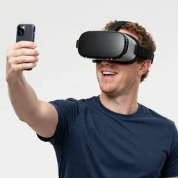 chubby mark zuckerberg wearing a virtual reality headset taking a smiling selfie in front of the sagrada familia basilica, high detail, full focus, time magazine 2 0 2 2