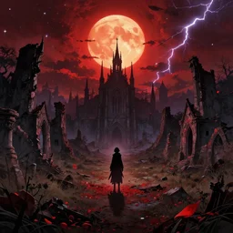 abandoned bloodborne old valley with a obscure person at the centre and a ruined gothic city in the background, trees and stars in the background, falling red petals, epic red - orange moonlight, perfect lightning, wallpaper illustration by niko delort and kentaro miura, 4 k | 8 k, ultra realistic