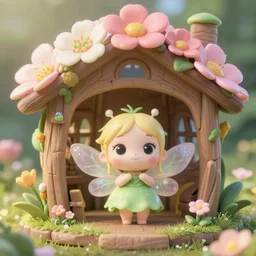 a tiny cute fairy in a flower house, realistic beautiful face, large eyes, cute, adorable, volumetric light, octane render, studio ghibli, trending on artstation