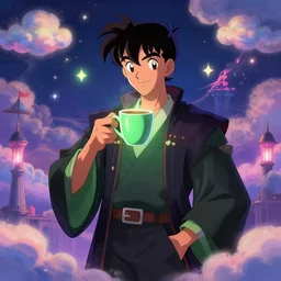 portrait of a ( ( ( grande y verde una taza de cafe ) ) ), ( ( dotado futuristic guapo y joven mago macho alegre ) ), lleno de nubes y magia, concept character, by filip hodas and tezuka and oi and mucha and bierstadt and remington, trending on artstation