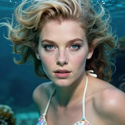 Olivia Newton-John as a mermaid with a piercing gaze wearing a shell bikini in an underwater magical forest, highly detailed face, realistic face, beautiful detailed eyes, fantasy art, in the style of artgerm, illustration, epic, fantasy, intricate, hyper detailed, artstation, concept art, smooth, sharp focus, ray tracing, vibrant, photorealistic
