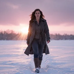 epic portrait of shivering Amazon Mila Kunis walking through deep snow, sun rays through snow, pink golden hour, cold stormy wind, intricate, highly detailed, shallow depth of field, epic vista, Ralph Horsley, Daniel F. Gerhartz, Artgerm, Boris Villajo, Lilia Alvarado