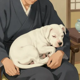 tired white pitbull puppy curled up on a japanese man's lap, vintage, art by utamaro