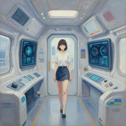 a still life oil painting, spaceship interior, centered perspective, bright utopian retrofuturistic. touchscreens and diagnostic data. realistic expressionist in the style of noriyoshi ohrai, anime girl