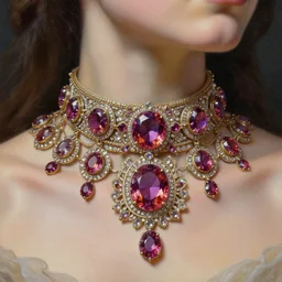 highly detailed oil painting, historical, art nouveau, ornate, delicate, brilliant magical large gemstones choker, around a neck, octane render, realistic, dramatic light, 3 d, photograph 4 k,
