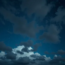 uncanny cloud formations, starry night, deep blue, sky photo, andromeda in the background, high contrast, albert bierstadt, octane render, film grain, volumetric lighting, specular highlights, ray tracing, 4 k