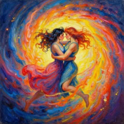 This painting is a celebration of love in all its forms. It shows two lovers entwined in a passionate embrace, surrounded by a swirling vortex of energy. The colors are vibrant and alive, symbolizing the power and intensity of love. The painting conveys a sense of movement and dynamism, conveying the idea that love is a force that can change the world