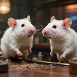 cinestill 5 0 d photographic portrait of two white rats wearing streetwear talk at a bar in cyberpunk china, extreme closeup, modern cyberpunk, dust storm, 8 k, hd, high resolution, 3 5 mm, f / 3 2, ultra realistic faces, intricate detail, ex machina